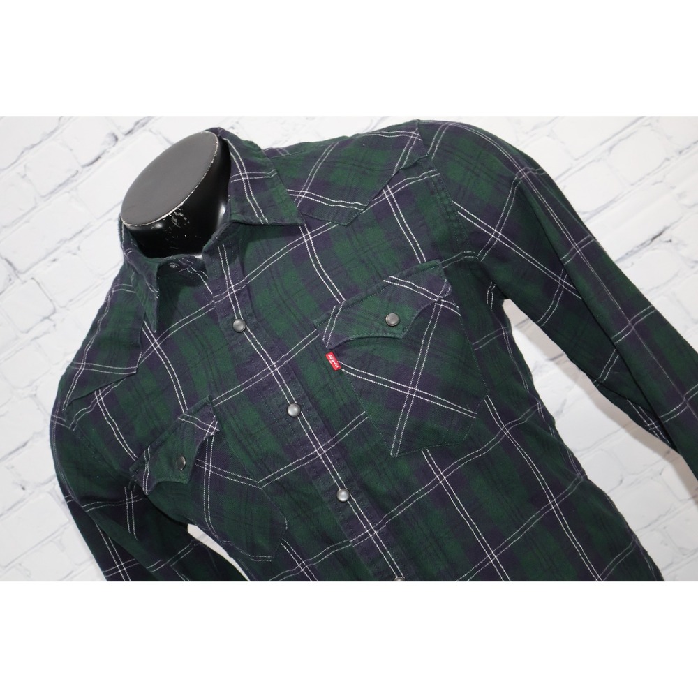 Levi's Western Shirt Men Medium Green Plaid Flannel Button Snaps Long Sleeve